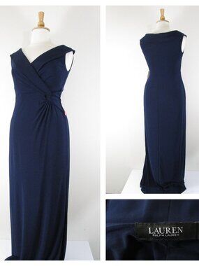 Lauren Ralph Lauren Plus Size Navy Blue Faux Wrap Long Formal Dress Gown 14 $225